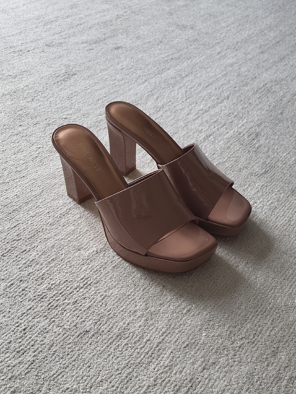 Nine West Glossy Taupe Patent Platform Mule Heels